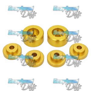 Six Nissan R200 Billet Aluminium Solid Diff Bushes in various sizes are arranged on a white background, ideal for use in differentials. Multiple "Gearhead Diffs" watermarks overlay the image.