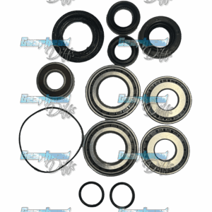 A set of GENUINE Nissan GT-R Front Diff (F160) Bearing Kit (R32/R33/R34/Any 4WD RB) diff bearings, seals, and O-rings neatly arranged on a white background, partially covered by "Gearhead Diffs" logos.