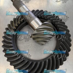 The NEW 78/79/100 Series Landcruiser 4.3 Ratio Crownwheel and Pinion Drivetech 4x4 is shown on a reflective surface, both gears with angled teeth and the "Gearhead Diffs" logo watermarked repeatedly across the image.