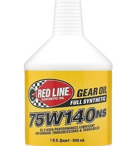 A white bottle of Import placeholder for 1772 gear oil, labelled 75W140NS fully synthetic for manual gearboxes and transaxles, 1 US quart (946 mL). The label is yellow with red, black, and white text.