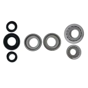 A set of seven Import placeholder for 1649 circular ball bearings and seals of various sizes arranged neatly on a white background.